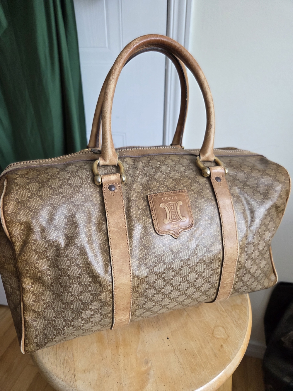 Celine Brown Monogram Leather Trim Travel Bag